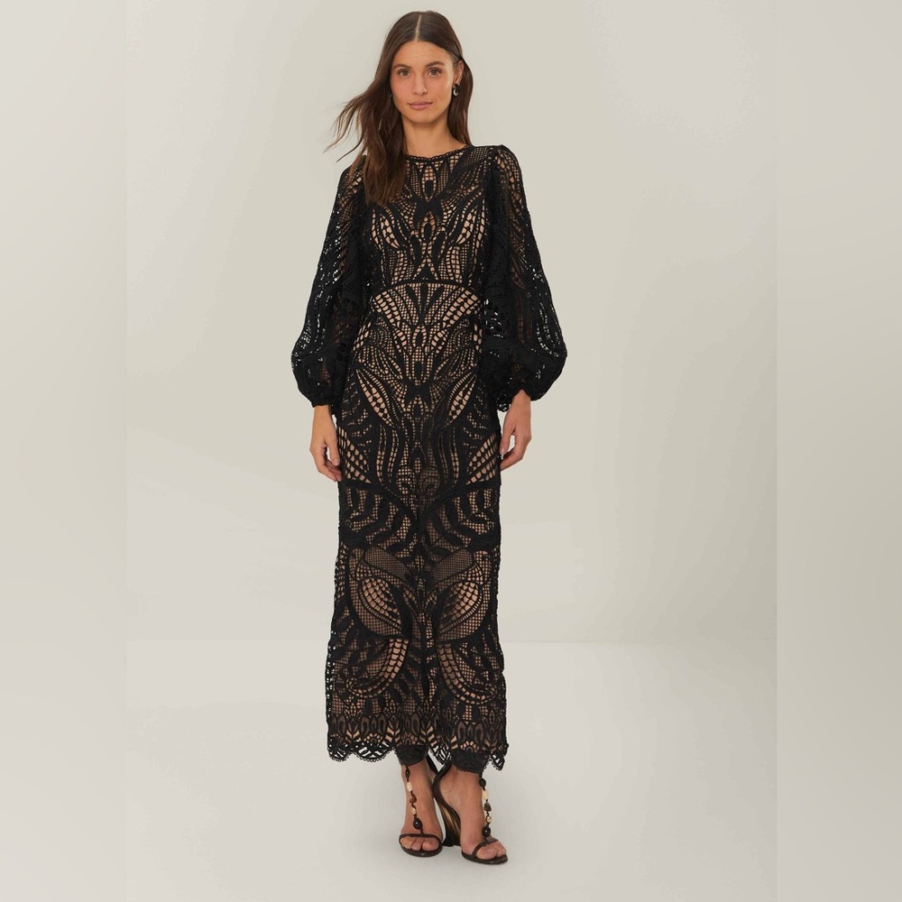 FARM Rio | Black Nature Guipure Midi Dress | Black lace| XS